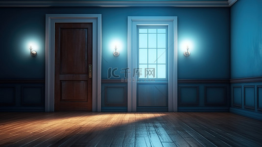 辐射光照亮黑暗的房间里敞开的门，房间里有蓝色的墙壁和木地板 3D 渲染
