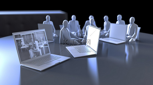 在线商务背景图片_虚拟会议在笔记本电脑上在线商务会议的 3d 渲染