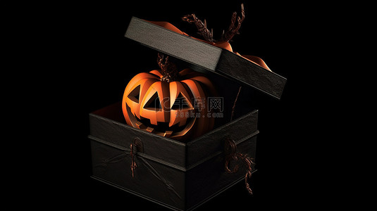 神秘黑色礼盒中的杰克灯笼万圣节黑色背景上的 3d 渲染