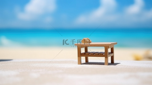 封面背景图片_夏季景观与木桌上的沙滩椅 3D 渲染模糊效果