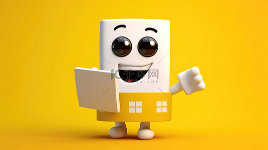 黄色背景的 3D 渲染，带有现代白色洗衣机吉祥物和电影拍板