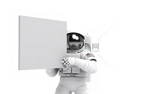 宇航员在白色背景上展示白色面板标语牌，并进行 3D 渲染