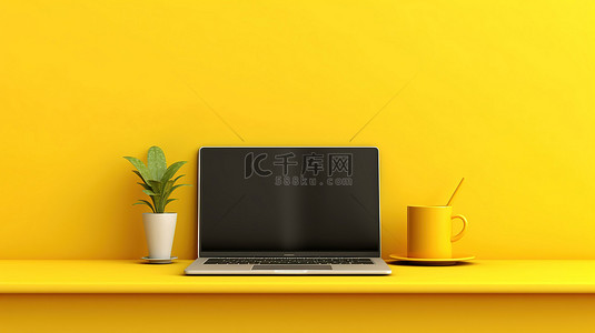 显示在充满活力的黄色架子背景横幅上的笔记本电脑的 3D 插图
