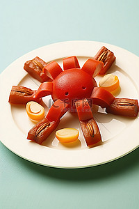 盘子里有一只红蟹，上面有一些坚果