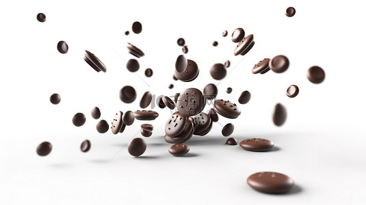 糕点食品背景图片_巧克力片在白色背景中翱翔的 3D 插图