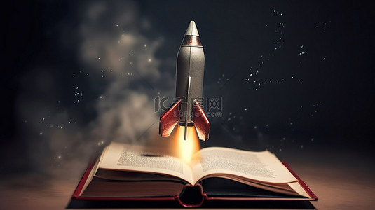 3D 火箭从书籍背景中升空，其中有一个宇宙飞船图标，非常适合教育和返回学校，以令人惊叹的细节呈现