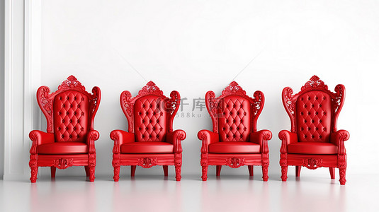 现代红色扶手椅围绕着 3D 渲染的红色皇家宝座，象征着领导力