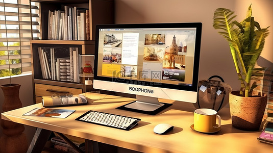 电脑远程背景图片_家庭办公室桌面上显示的在线学校网站的 3D 渲染