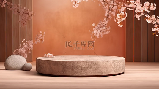 樱花日本背景图片_带有樱花照明背景的天然石材平台，非常适合 3D 渲染中的品牌推广和产品展示
