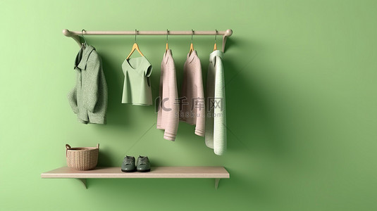 衣柜绿色背景图片_垃圾背景，挂着衣服，流行柔和的绿色 3D 渲染