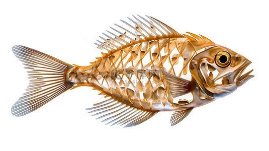 钓鱼背景图片_鱼骨架的 3D 插图，采用时尚设计，具有独立的白色背景