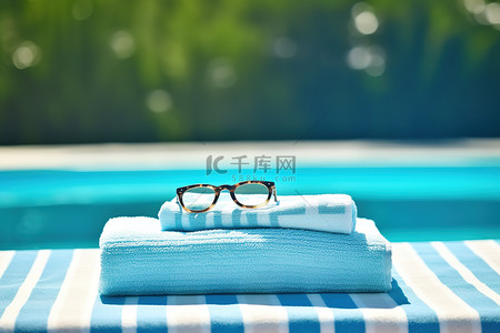 俯瞰夏天的泳池上的蓝条纹毛巾