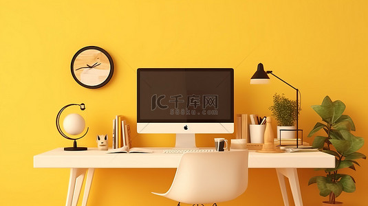 创意时尚的工作空间的 3D 渲染，以桌面计算机模型为背景，以充满活力的黄色墙壁为特色