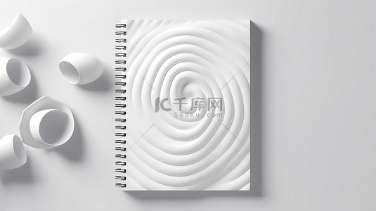 浅色桌面背景上空白白色螺旋记事本的 3D 渲染模型特写