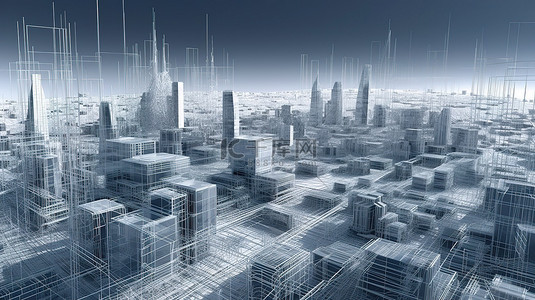 数字城市景观中摩天大楼和小镇的线框轮廓