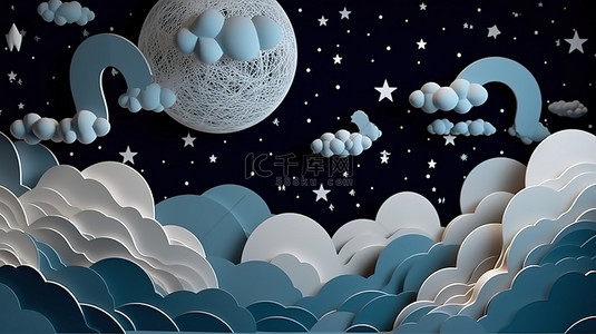 天体纸剪出满月和繁星点点的夜空与云彩 3D
