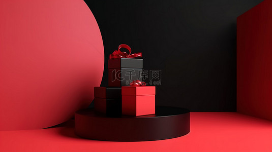 圣诞促销活动时尚的红色讲台和简约产品背景的黑色礼盒