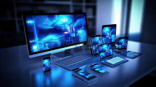响应式桌面的 3D 渲染，具有多个设备，以蓝色调显示网站