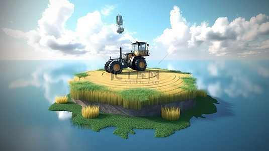 浮背景图片_农业天堂 拖拉机和无人机在麦田中的 3D 描绘，位于浮岛上，周围环绕着风景如画的云彩