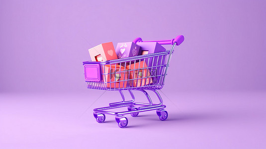 紫色背景购物车中带有礼品盒的闪购促销活动的 3D 渲染