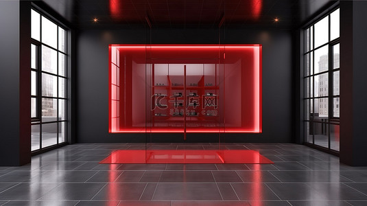 一个空置的店面，配有光滑的黑色铝和红色玻璃地板 3D 渲染插图