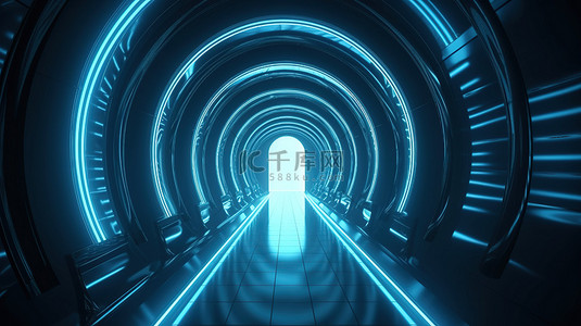 探索现代世界中蓝色走廊拱门的未来主义 3D 渲染