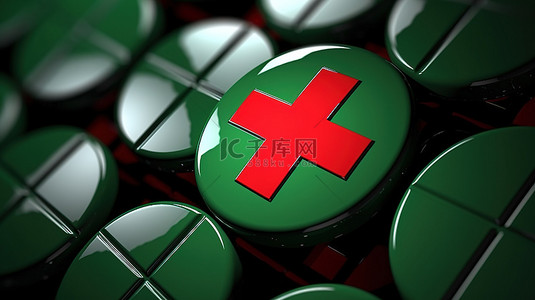 正式背景图片_黑色盾牌的 3D 渲染，带有绿色复选标记，在红十字图标中脱颖而出