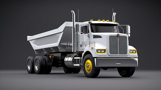 灰色背景展示了一辆白色大卡车拖着一辆专为运输散装货物而设计的自卸拖车的 3D 插图