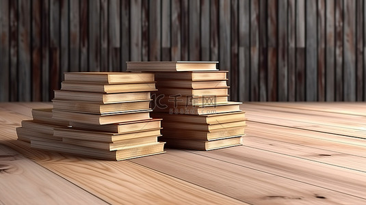 论文模板背景图片_木质表面上一堆书的 3D 渲染
