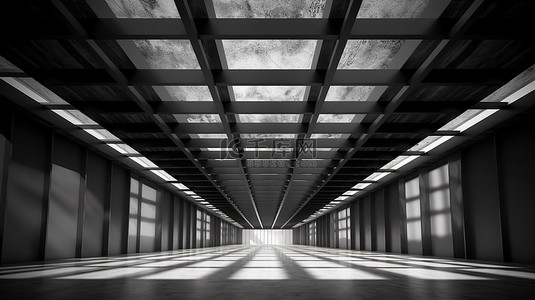 3D工业建筑设计未来派建筑正在建设中，配有黑色横梁和天花板