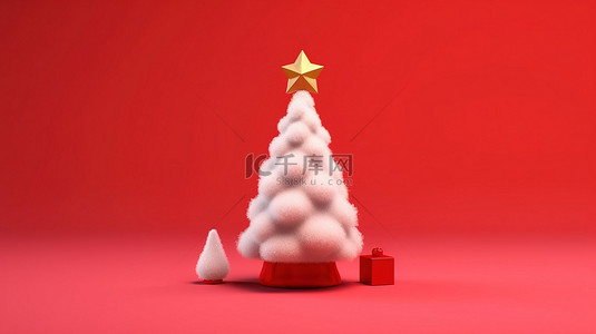 带圣诞树的红色圣诞老人帽子的节日 3D 插图