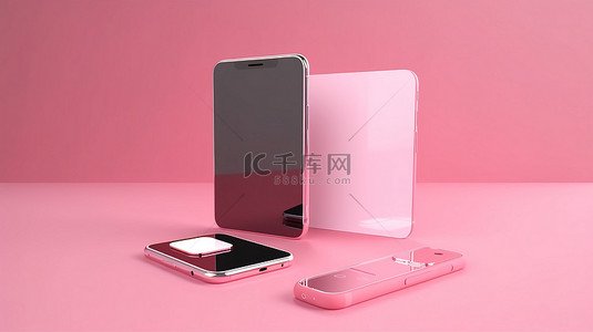粉红色背景上的简约 3D 渲染智能手机模型，用于现代演示和信息显示