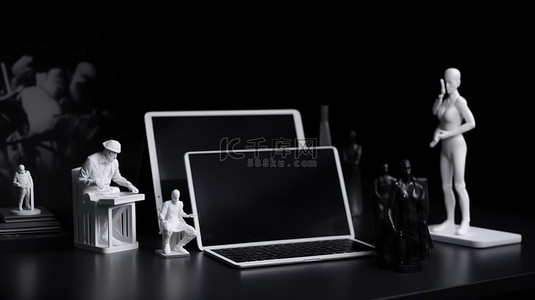 数字工作场所设置与平板电脑和文具在黑桌上 3d 渲染插图