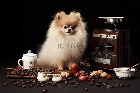 行政文员求职简历背景图片_一只小博美犬站在咖啡豆和收音机旁边