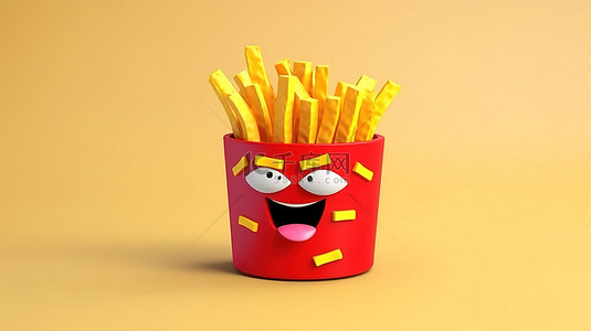 平面卡通风格 3D 炸薯条配辣椒酱图标插图，适合美食爱好者