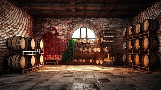 酒窖的 3D 渲染，配有砖墙大理石地板和装满桶的笼子