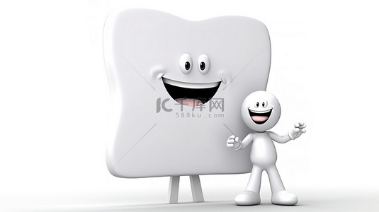 口腔广告背景图片_白色背景上带有广告促销台的白齿人物吉祥物的 3D 渲染