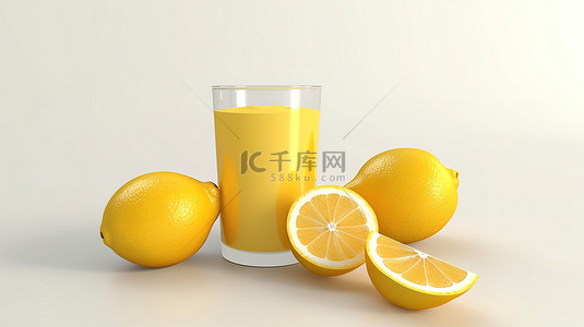 榨果汁背景图片_鲜榨柠檬汁与水果的 3d 渲染
