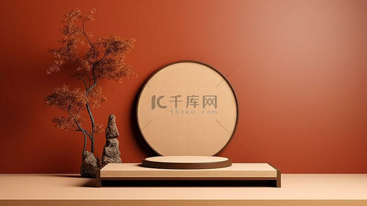 用于产品展示的土色调抽象日本讲台的 3D 渲染