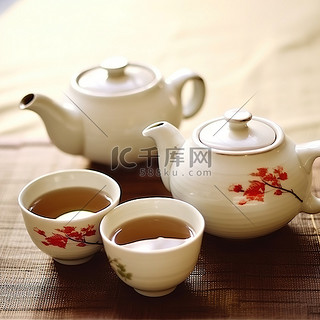 一个茶壶和茶壶中的两个白色杯子