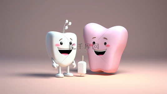 可爱的 3D 卡通插图，包含两个牙齿角色：迷人的牙仙子和防护牙套