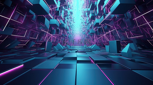 紫色和蓝色的抽象几何背景通过 3D 渲染创建的科幻插图