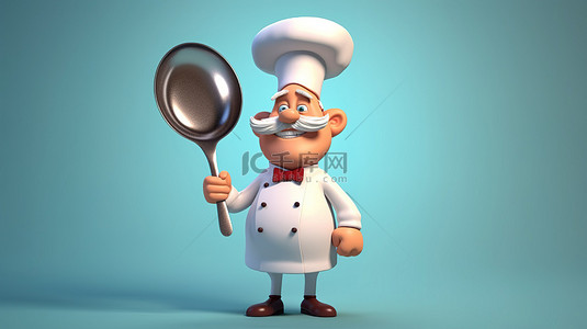 卡通工人背景图片_卡通风格 3D 插图的厨师挥舞着大勺