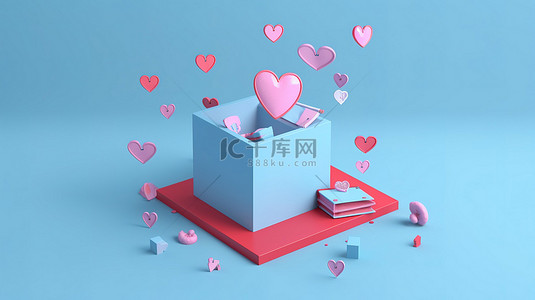 社交媒体图标和充满爱心的礼物在蓝色背景 3D 渲染上庆祝情人节