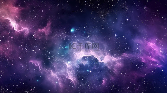 空间背景图片_令人惊叹的夜空，闪烁着星星和闪闪发光的紫色和蓝色星系水平横幅背景广阔的银河系和宇宙的 3D 插图