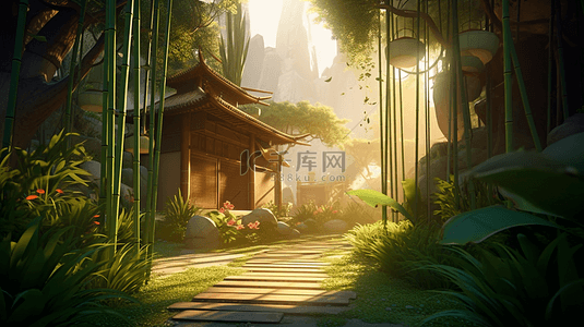 古风插图背景图片_竹林竹屋花朵草地阳光创意插图自然背景