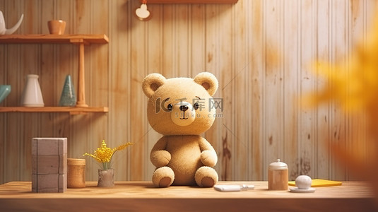 游戏室或咖啡馆环境中的 3D 渲染熊娃娃