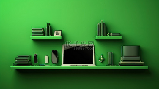 绿色墙架背景与电脑笔记本电脑手机和数字平板电脑 3D 插图