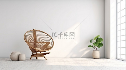 带木椅和风扇的白墙现代室内 3D 渲染