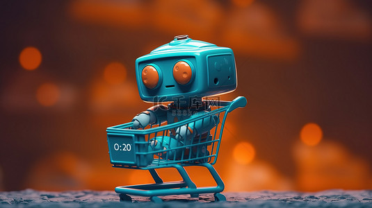 互联网背景图片_3D渲染的机器人抓住购物车象征着在线购物的想法
